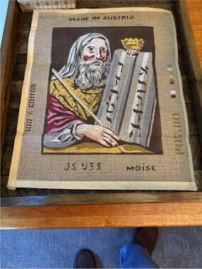 Source Unknown Needlepoint of Rabbi Holding A Torah in Cream, Gray, Gold, Red